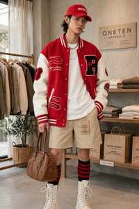 เสื้อแจ็คเก็ตวาร์ซิตี้สีแดงขาวสำหรับผู้ชาย ปักตัวอักษร B ทรงโอเวอร์ไซส์ สไตล์พรีปปี้ ติดกระดุม คอปก ใส่ได้ในฤดูใบไม้ร่วง - Product Image 4