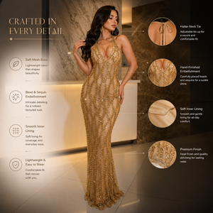 Robe de sirène luxueuse en perles dorées |   Robe de soirée de créateur à col halter en V profond |   Tenue de soirée ornée de cristaux pour femmes, mariage - Product Image 4