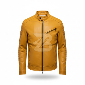 Chaqueta de cuero genuino para hombre Zarina Wear, color amarillo mostaza, estilo motero, con cuello alto y cremallera, OEM. - Product Image 1