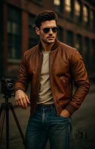 Blouson aviateur en cuir d'agneau marron pour homme, imperméable, col rabattable, fermeture éclair, manches régulières, vêtement d'hiver, doublure en polaire - Product Image 4