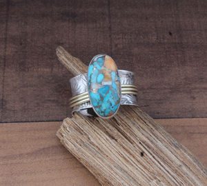 Anillo Ancho de Plata de Ley 925 con Turquesa Natural y Cobre, Joyería Clásica para Unisex, Venta al por Mayor - Product Image 2