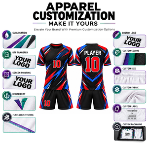 Uniforme de Fútbol Personalizado, Negro, Rojo y Azul, con Estampado Geométrico Sublimado, Transpirable, de Manga Corta, Unisex para Adultos, Corte Atlético - Product Image 3