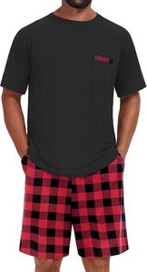Men's Plus Size Cotton Plaid Shorts <b>Set</b> Casual Summer Two Piece Sleepwear Red Black Checkered Pattern <b>Knitted</b> Fabric - Product Image 6