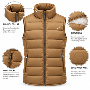 Chaleco de Invierno para Hombre, Color Bronceado Sólido, Cuello Alto, Relleno de Algodón, Transpirable, Cortavientos, Sin Mangas, con Cierre - Product Image 3