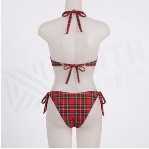 Ensemble bikini à carreaux pour femmes, col halter, liens latéraux, maillot de bain deux pièces, extensible, en polyester et élasthanne, à motifs - Product Image 2