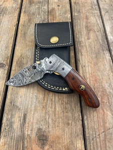 Handmade Damascus Steel Folding Pocket Knife Rosewood Handle Straight <b>Drop</b> Point Professional Survival Premium TARJ ENTERPRISES - Product Image 2
