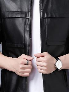 Veste en cuir noir pour homme, style décontracté chic, col chemise zippé, coupe ajustée, en véritable peau d'agneau, mode américaine - Product Image 2