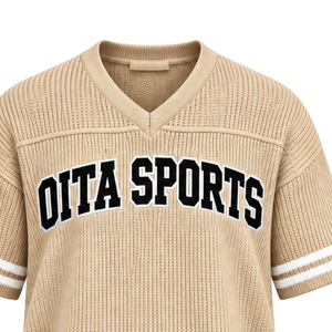 Camiseta Deportiva Beige Personalizada de Punto con Cuello en V, Manga Corta, Rayas, Transpirable, Holgada, Uniforme de Equipo Informal, Venta al Por Mayor - Product Image 3