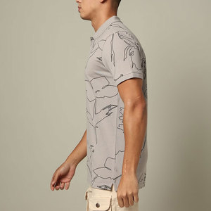 Men's Gray Floral Print Short Sleeve Polo Shirt Cotton Casual Style Breathable Regular Fit <b>Low</b> MOQ Men's Polo Shirts - Product Image 3