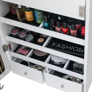 Specchio da Parete con Organizer per Gioielli, 3 Livelli, 2 Cassetti, 17 Porta Pennelli, 95 Luci LED Bianche, Specchio Non Intero, in Legno - Product Image 6