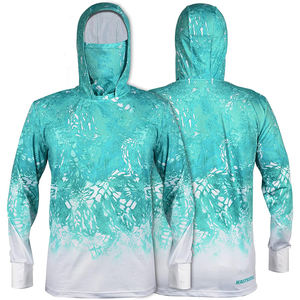 Sudadera de Pesca para Hombre con Logotipo Personalizado, Camuflaje Degradado Verde Azulado, Camisa de Alto Rendimiento con Máscara Facial Integrada y Orificios para Pulgares, UPF 50+ - Product Image 4