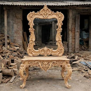 Hand-carved solid teak wood console vanity <b>table</b> frame with ornate mirror border, available at wholesale prices. - Product Image 1