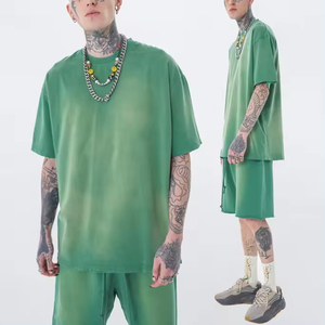 New Popular Fashion Style <b>Men's</b> Acid Wash Knitted 100% Cotton <b>Top</b> Shorts Set Letter High Street Loose Fit Breathable Quick Dry - Product Image 2