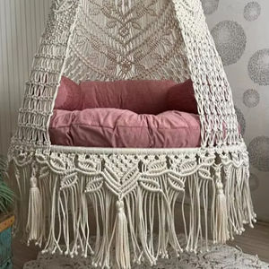 Cream <b>macrame</b> swing with pink cushions, <b>Hanging</b> <b>Chair</b>, Hängesessel, Swing <b>Chair</b>, <b>Macrame</b> Rocking - Product Image 1