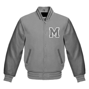 Veste varsity grise pour homme avec logo M brodé blanc, style preppy, coupe classique, simple boutonnage, manches en cuir - Product Image 1