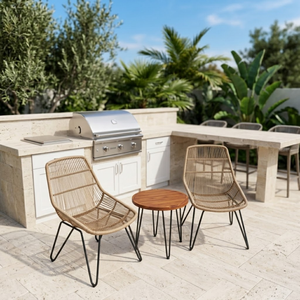 Table ronde en teck naturel avec ensemble deux places en rotin, finition résistante à l'eau pour café, restaurant, hôtel - Product Image 1