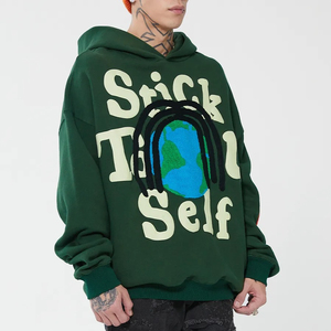 Sudadera con capucha verde para hombre, con estampado 'Stick To Yourself', corte holgado, informal, de algodón tejido para otoño - Product Image 3
