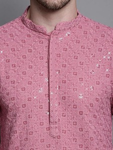 Salwar Kameez pour homme en coton violet, broderie géométrique modeste, col montant, manches longues, tenue ethnique quotidienne, coupe classique, toutes saisons - Product Image 5