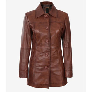 Premium Women's Genuine Sheepskin <b>Leather</b> <b>Blazer</b> <b>Jacket</b> Vintage Brown Mid-Length Soft <b>Leather</b> Trench Coat Outerwear - Product Image 4