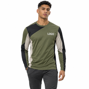 T-shirt d'entraînement pour homme à manches longues, color-block, séchage rapide, en polyester, col rond, coupe classique, décontracté, avec logo frontal - Product Image 2