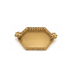 Gold Rectangular Serving <b>Tray</b> with Flower Handles Polished Metal Finish Residential Use - Product Image 2