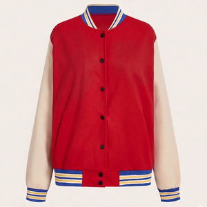 เสื้อแจ็คเก็ตวาร์ซิตี้สำหรับผู้หญิง สีแดงและครีม แขนยาว แต่งขอบยางยืดตัดกัน กระดุมแป๊กด้านหน้า สไตล์ลำลอง ใส่ได้ในฤดูใบไม้ร่วง ทรงปกติ - Product Image 1