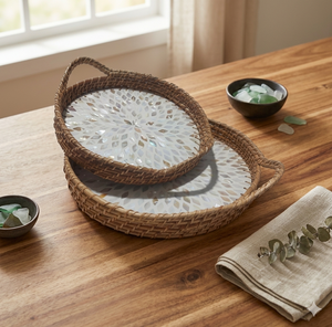 Storage Trays Rattan Lacquer Tray with Shells Inlay Natural Decor Trays Made in India <b>Cheap</b> Price Wholesale - Product Image 1