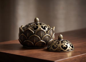 Handmade Metal Aluminum <b>Incense</b> <b>Cone</b> Holder Lotus Bowl Burner Scroll Cutout Lid Catcher - Product Image 4