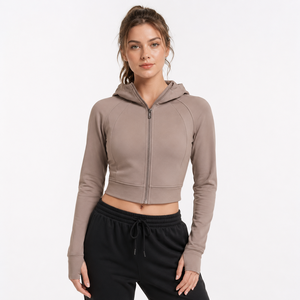 Custom <b>Womens</b> Cropped Zip-Up Hooded Breathable Streetwear Gym <b>Jacket</b> Thumbhole Yoga Activewear Private Label OEM Nylon - Product Image 4