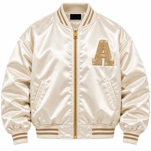 Astra <b>Men's</b> Beaded Varsity <b>Jacket</b> Gold Lettering Satin Back <b>Sequined</b> Preppy Style Regular Fit Autumn Zipper Closure - Product Image 2
