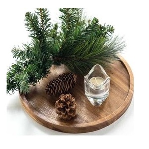 Support de bougie en verre ondulé organique moderne avec plateau rond en bois d'acacia massif pour centre de table - Product Image 1
