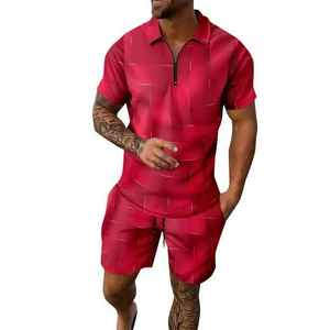 Best Seller Men's <b>Red</b> Geometric Print Polo Shirt and Shorts Set Casual Summer Quick Dry Knitted Polyester Two Piece Outfit - Product Image 3