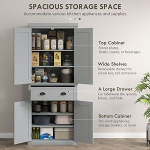 Armadio Dispensa Indipendente Grigio da 184 cm con Ante e Ripiani, Mobile da Cucina per Conservazione Alimenti - Product Image 4