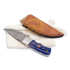 Custom Handmade Damascus Hunting <b>Knife</b> with Blue Resin <b>Handle</b> Fixed Blade Skinning Bushcraft Camping Survival <b>Knife</b> with Leather - Product Image 6