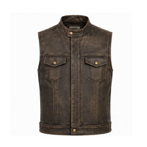 Gilet moto en cuir véritable pour homme, col montant, finition marron délavé, fermeture à bouton unique, longueur standard, vêtement d'extérieur - Product Image 1