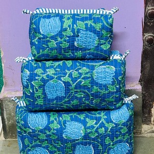 Blue Floral Embroidered Cotton Cosmetic Bag Set With Zipper Closure Portable <b>Makeup</b> Organizer Elegant Style Toiletry bag - Product Image 3
