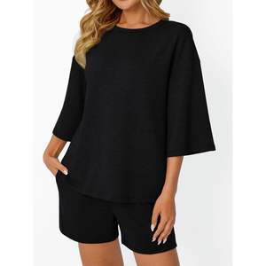 2025 femmes pour salon ensembles deux pièces manches 3/4 t-shirts surdimensionnés avec taille élastique Shorts tenues d'été XS taille côtes Fabr - Product Image 1