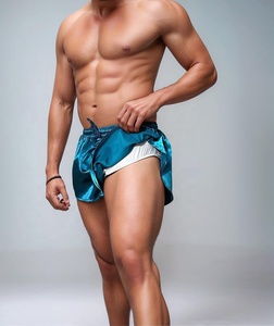 Shorts en satin de soie vert sarcelle pour homme, couleur unie, taille élastique avec cordon de serrage, décontractés, longueur courte, tissu respirant - Product Image 3