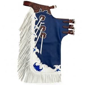 Chaps de Rodeo en Cuir Bleu Robuste avec Franges Blanches et Broderie Florale Appliquée, Style Gilet Décoratif, Taille Haute, pour l'Équitation - Product Image 1