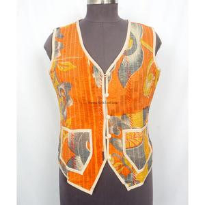 Bohemian Cotton <b>Kantha</b> Printed Short <b>Jacket</b> Handmade Floral Patchwork Sleeveless Artisan Vest Style with v-neckline and pockets - Product Image 1