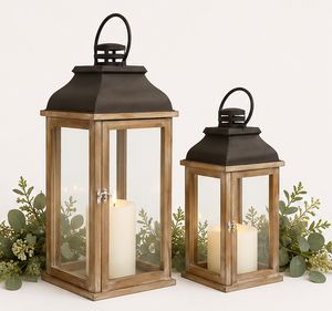 Handmade <b>Set</b> of 2 Farmhouse Wooden <b>Candle</b> Lanterns with Metal Top Decorative Lantern for Indoor Outdoor Home Decor Best Price - Product Image 4