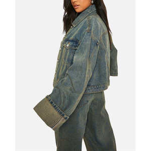 Premium Women <b>Denim</b> <b>Jacket</b> Oversized Streetwear Fashion Casual Blue Jean Outerwear With Custom Logo Oem Service - Product Image 4