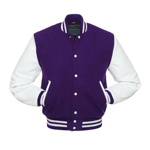 Purple Varsity <b>Jacket</b> With <b>White</b> Sleeves Turn-down Collar Button Closure Preppy Style Regular Fit Autumn Wear - Product Image 1