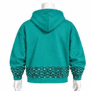 Sweat-shirt à capuche en molleton épais bleu sarcelle avec bordure brodée, poignets et ourlet décoratifs, poche kangourou, style streetwear décontracté - Product Image 2