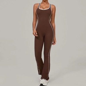 Body de una pieza azul para mujer con tirantes finos, rayas laterales, largo completo, elástico, ropa deportiva sin costuras de punto de spandex y nailon - Product Image 2