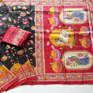 VASTRA COTTAGE Saree de Seda Suave con Jacquard Jari en Toda la Prenda y Estampado Digital Kalamkari, Saree de Diseño con Blusa con Ribete Doori - Product Image 2