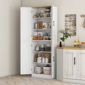 "Modern Freestanding Wood <b>Kitchen</b> <b>Pantry</b> with 4 Doors Adjustable Shelves Distressed White MDF Construction" - Product Image 2