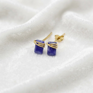 Ratnarachit Handmade Wire Wrapped <b>Blue</b> Sapphire <b>Stud</b> <b>Earrings</b> 14K Gold Plated Brass Baguette Cut Minimalist Women's Gift - Product Image 4