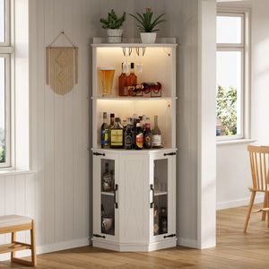 Mobile Bar da Cantina Stile Rustico da 170,5 cm con Ripiani Regolabili, Prese Elettriche e Luci, Armadietti Angolari in Vetro per Bar Domestico - Product Image 2