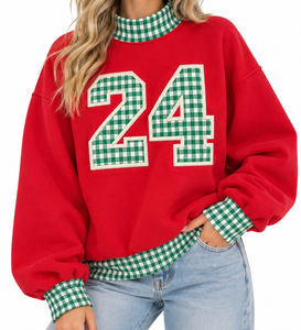 Sudadera OEM de cuello simulado roja para mujer, con patchwork de cuadros verdes y bordado 'Merry Days', de hombro caído, jersey de invierno - Product Image 1